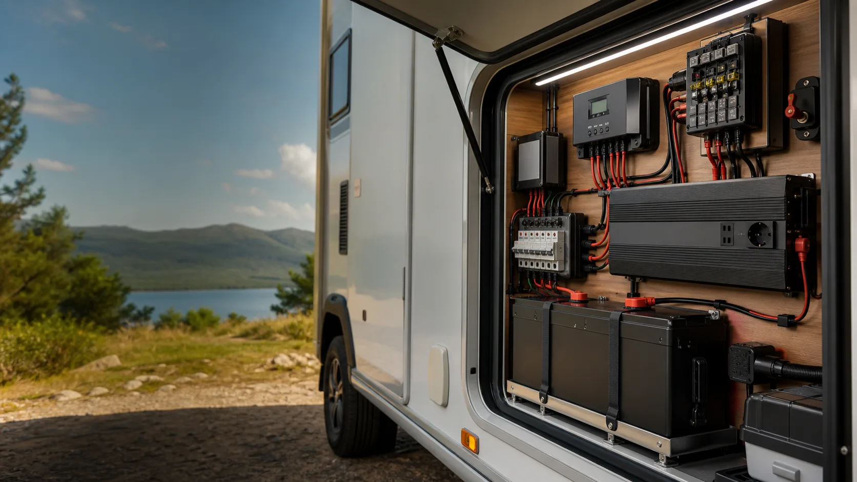 Karavan elektrik sistemi için akü, inverter ve şarj ekipmanları